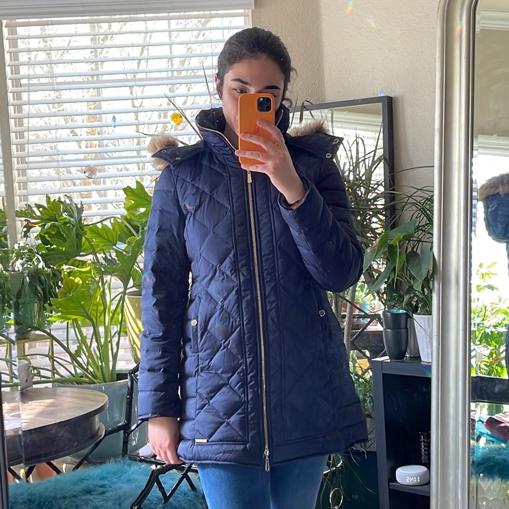 Kenneth Cole new york navy diamond quilted long puffer with faux fur trim